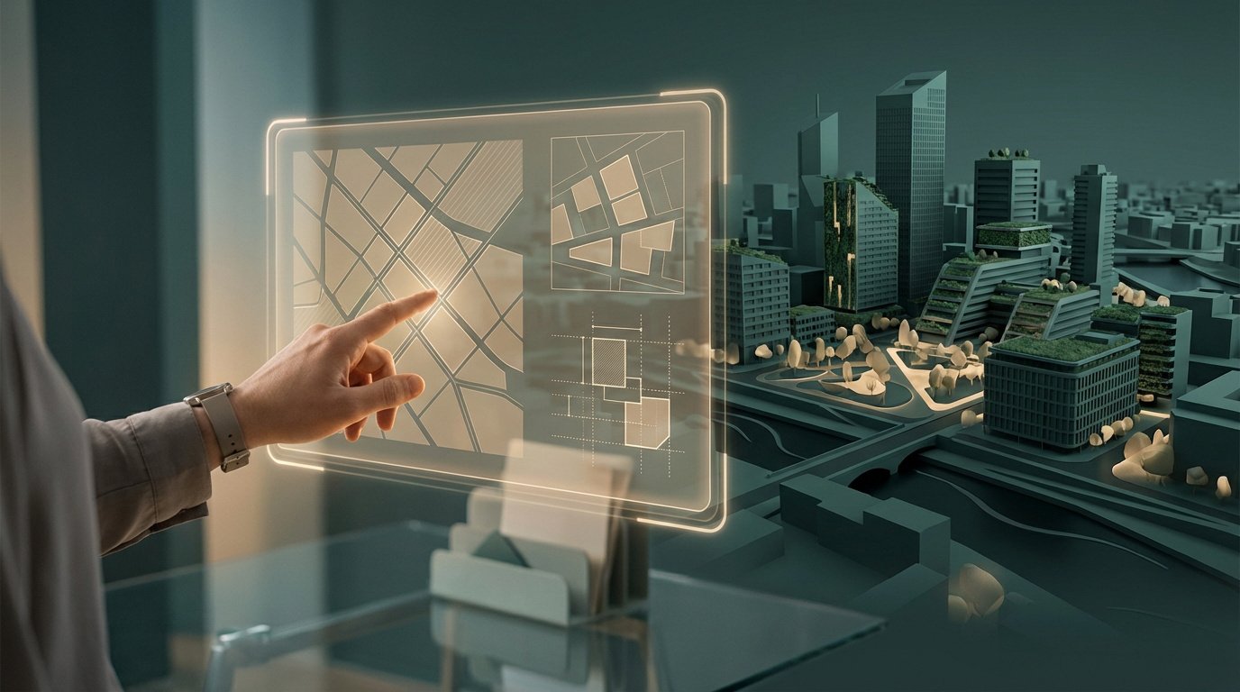 Une main interagit avec un écran transparent affichant des plans d'urbanisme. Une ville modélisée avec des bâtiments verts est visible en arrière-plan.