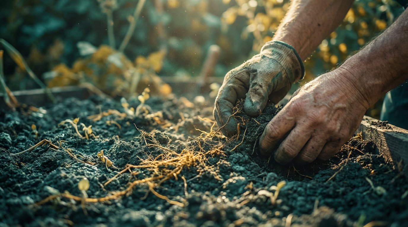 Gros plan sur des mains, l'une gantée, travaillant un sol sombre et riche parsemé de jeunes pousses, sous un soleil doux.