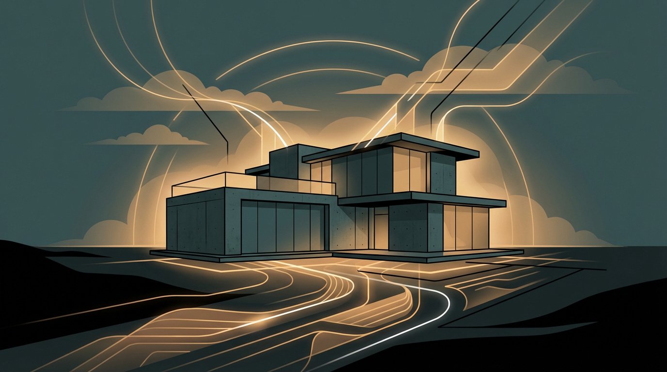 Maison contemporaine aux lignes lumineuses dorées, symbolisant le transfert d'énergie d'une pompe à chaleur pour un habitat intelligent.