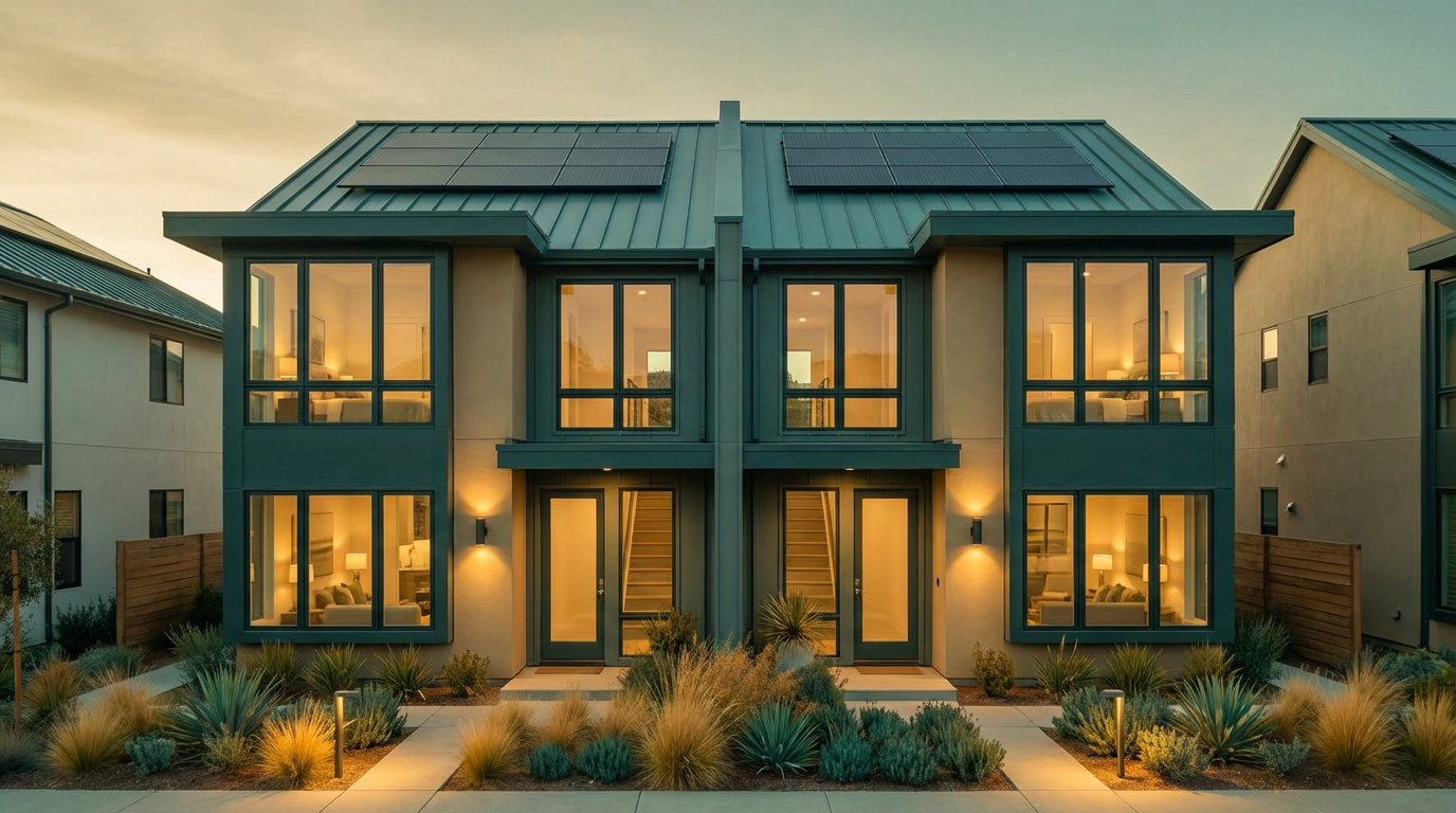 Vue frontale de deux maisons accolées modernes au crépuscule. Toits en métal vert avec panneaux solaires, grandes fenêtres lumineuses et jardin paysager.