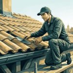 Illustration d'un couvreur souriant en plein travail sur une toiture en tuiles. Il est sur un échafaudage avec une ville en arrière-plan.