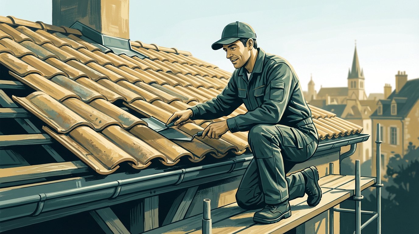 Illustration d'un couvreur souriant en plein travail sur une toiture en tuiles. Il est sur un échafaudage avec une ville en arrière-plan.