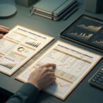 Vue aérienne d'une personne analysant des documents financiers (revenus, portefeuille) sur un bureau avec tablette et calculatrice.