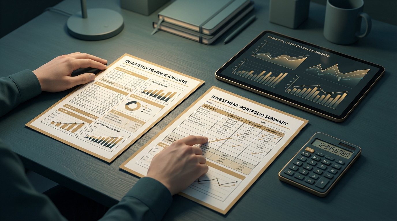 Vue aérienne d'une personne analysant des documents financiers (revenus, portefeuille) sur un bureau avec tablette et calculatrice.