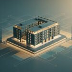 Vue isométrique d'un bâtiment moderne bleu-vert sur une grille lumineuse de plan d'urbanisme. Contexte de planification digitale.