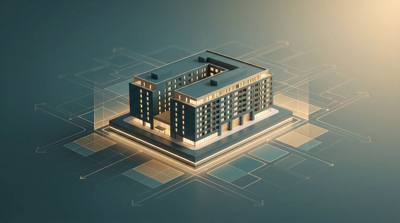 Vue isométrique d'un bâtiment moderne bleu-vert sur une grille lumineuse de plan d'urbanisme. Contexte de planification digitale.