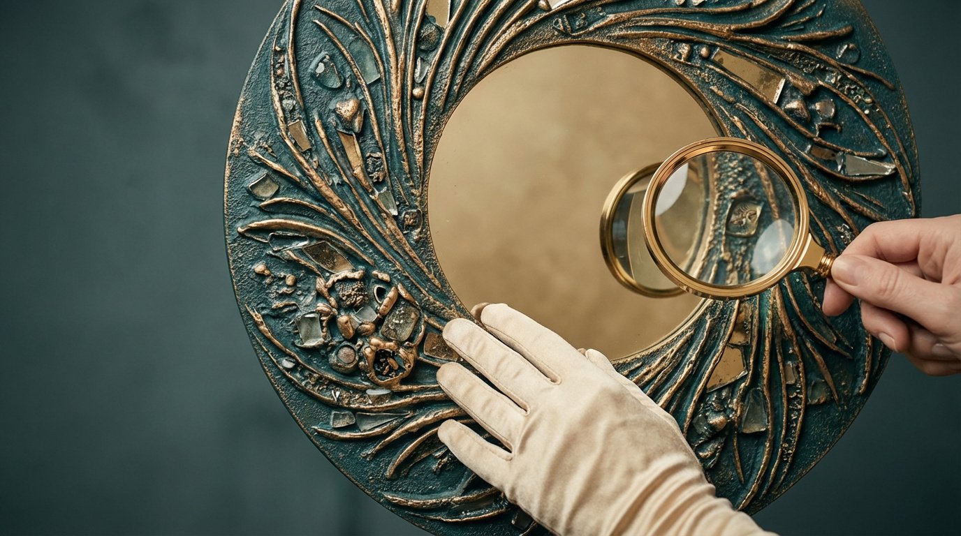 Main gantée et loupe examinant un miroir Line Vautrin ouvragé aux motifs végétaux dorés et incrustations.