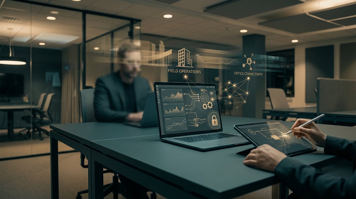 Personnes dans un bureau moderne utilisant un ordinateur portable et une tablette pour visualiser données et connectivité métier.