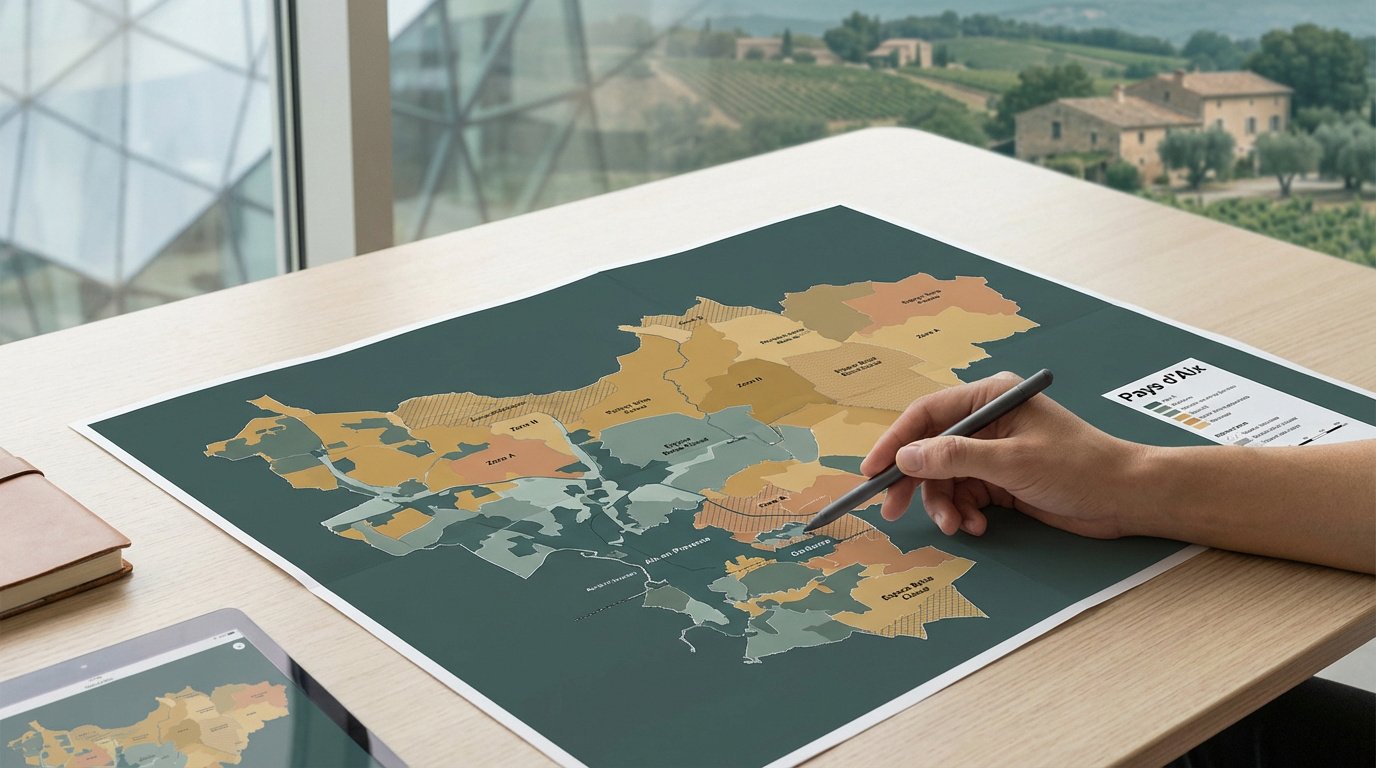 Une main pointe une zone sur une carte détaillée du PLUi du Pays d'Aix, avec un paysage provençal en arrière-plan.