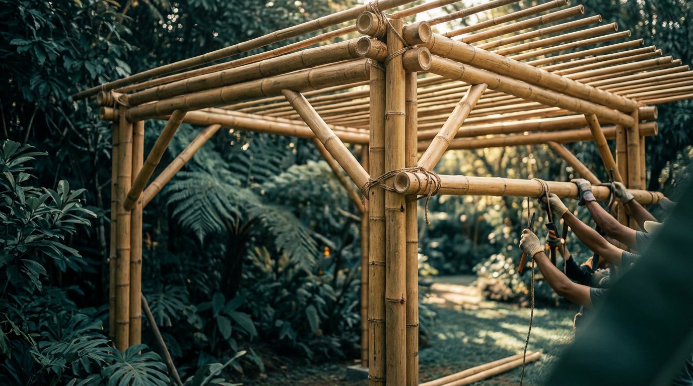Grande pergola en bambou en construction dans un jardin luxuriant. Des ouvriers avec des gants attachent les poteaux avec des cordes.