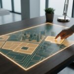 Main touchant un plan de ville interactif lumineux affichant des zones et des bâtiments 3D. Modèles architecturaux en arrière-plan.