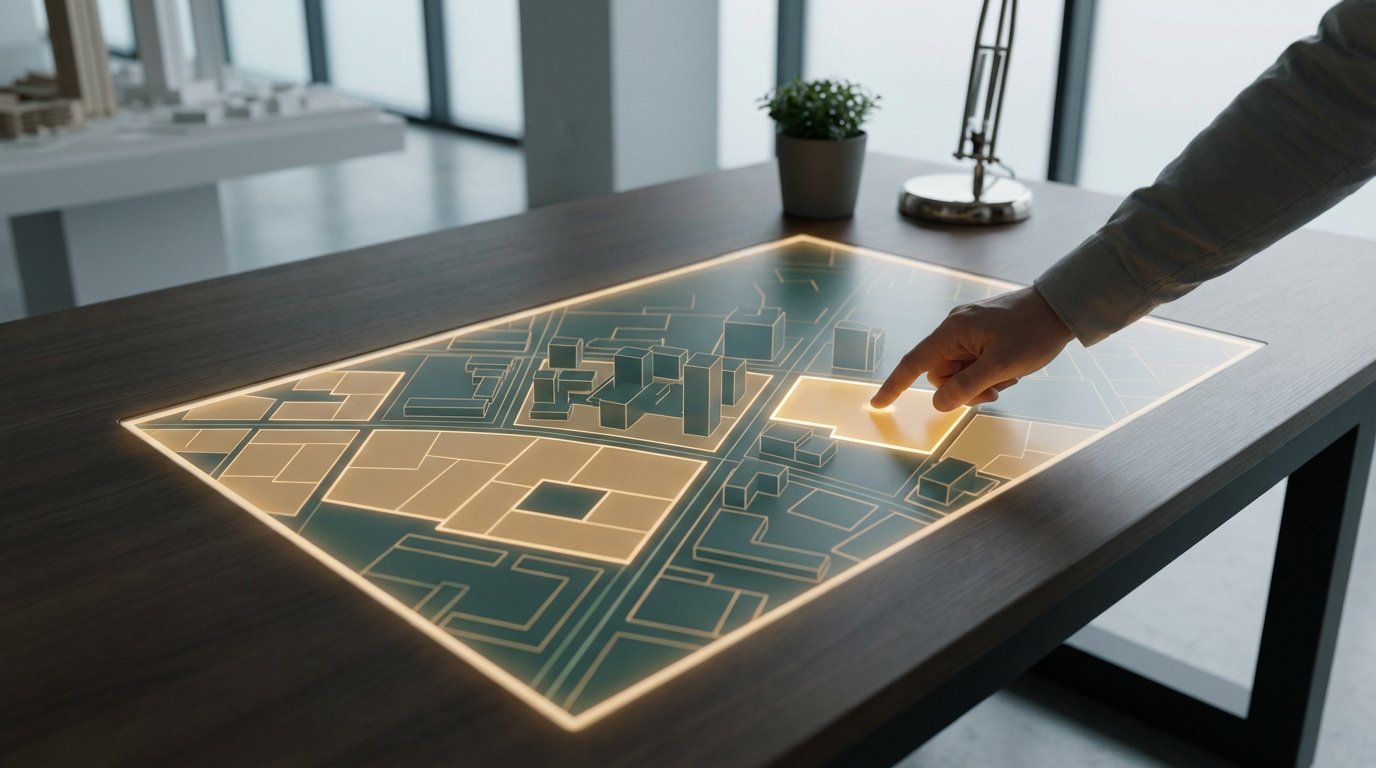 Main touchant un plan de ville interactif lumineux affichant des zones et des bâtiments 3D. Modèles architecturaux en arrière-plan.