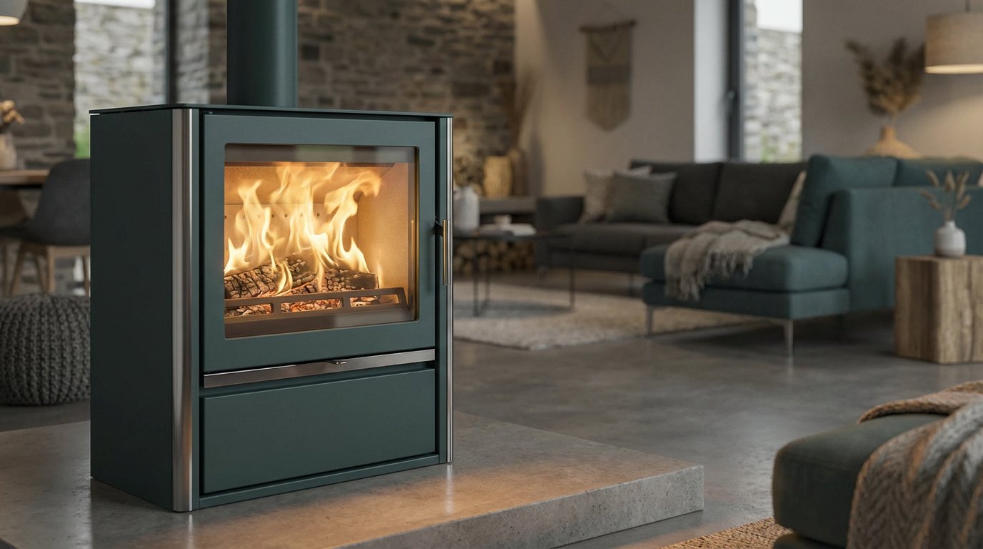 Poêle à bois moderne vert foncé en fonctionnement dans un salon contemporain. Flammes visibles derrière la vitre. Mobilier design à l'arrière-plan.