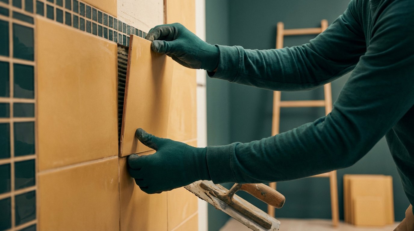 Gros plan sur les mains gantées d'un carreleur posant des carreaux beiges sur un mur, avec une taloche à ses pieds.