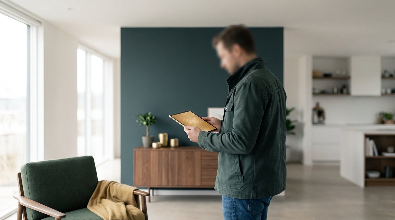 Homme flou portant une veste et un jean, tenant une tablette dans un intérieur moderne et lumineux avec fauteuil vert et buffet en bois.