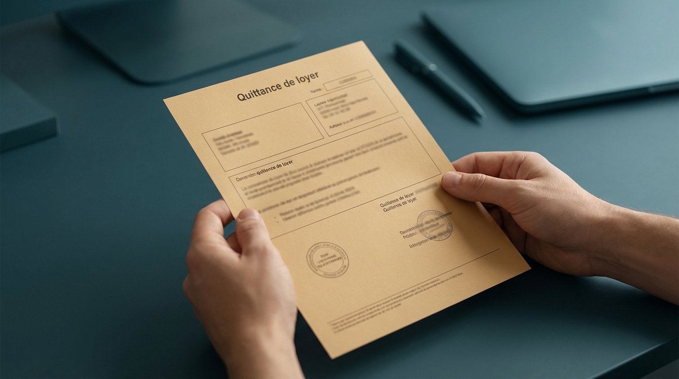 Une personne tient une quittance de loyer en papier beige sur un bureau sombre. Des tampons et des informations floues sont visibles.