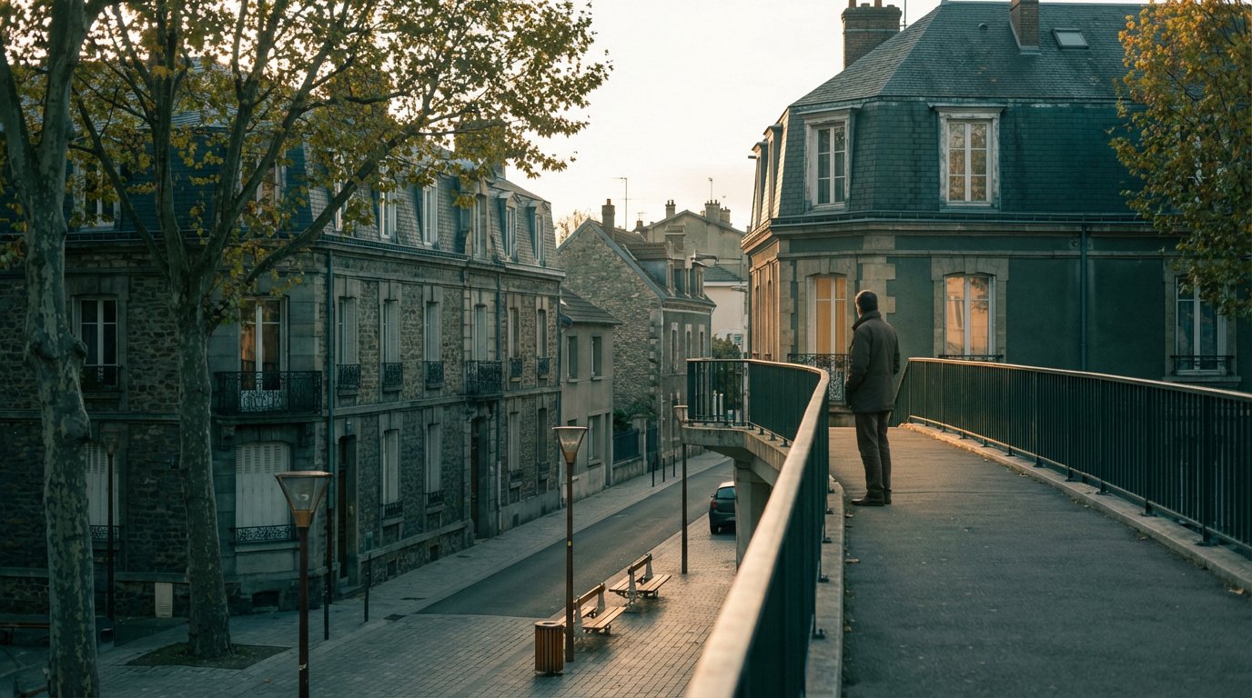 Un homme sur un pont piétonnier observe une rue pavée bordée de bâtiments anciens en pierre au coucher du soleil.