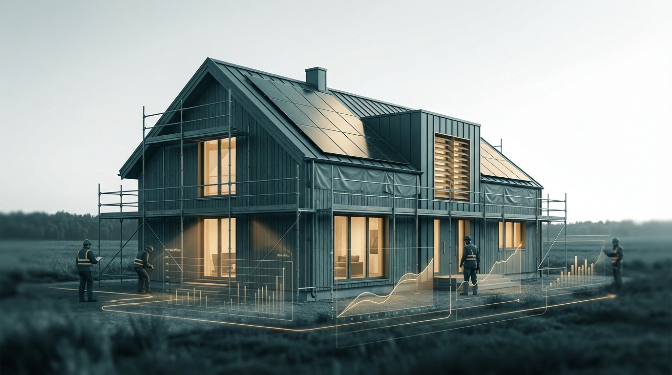 Maison en rénovation avec échafaudages, panneaux solaires et ouvriers. Des graphiques lumineux illustrent le monitoring énergétique.