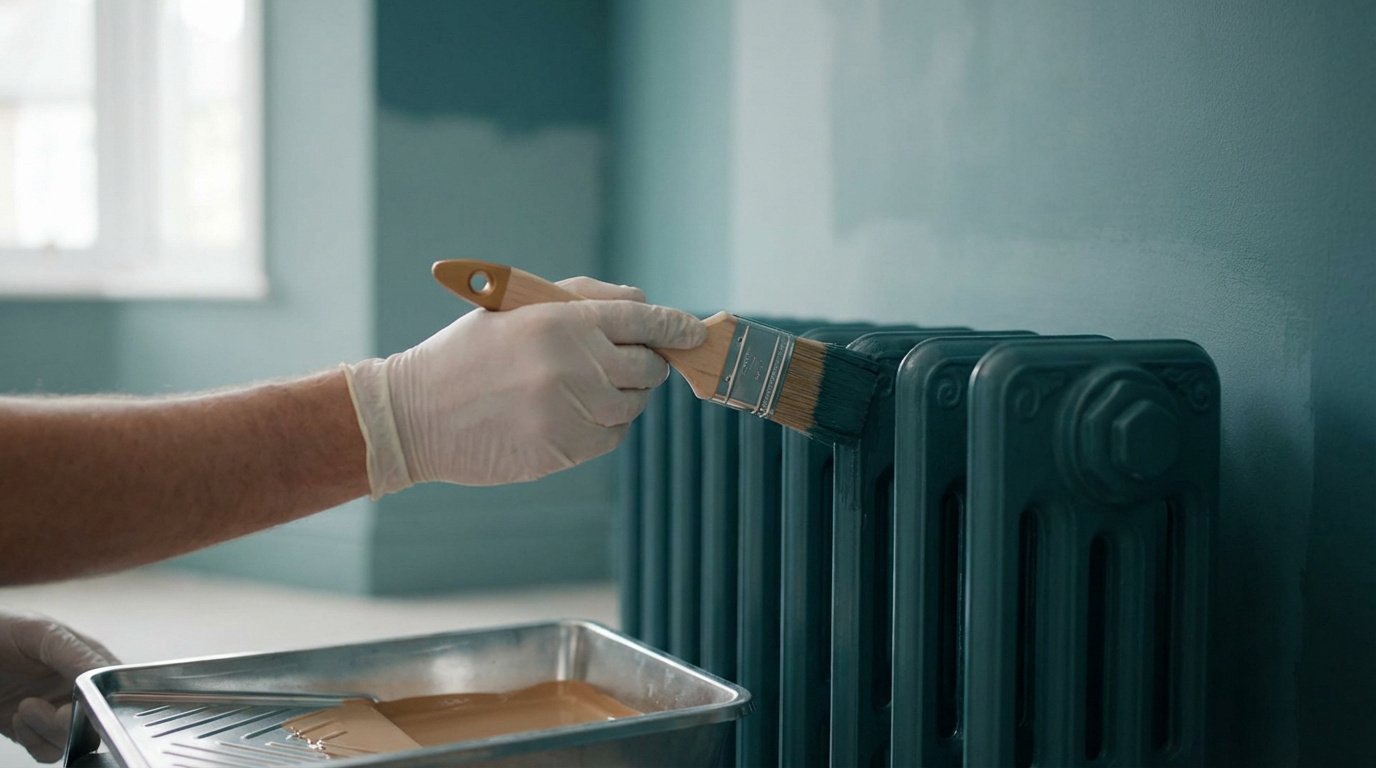 Main gantée peignant un radiateur en fonte vert-bleu avec un pinceau. Plateau de peinture et mur assorti en arrière-plan.