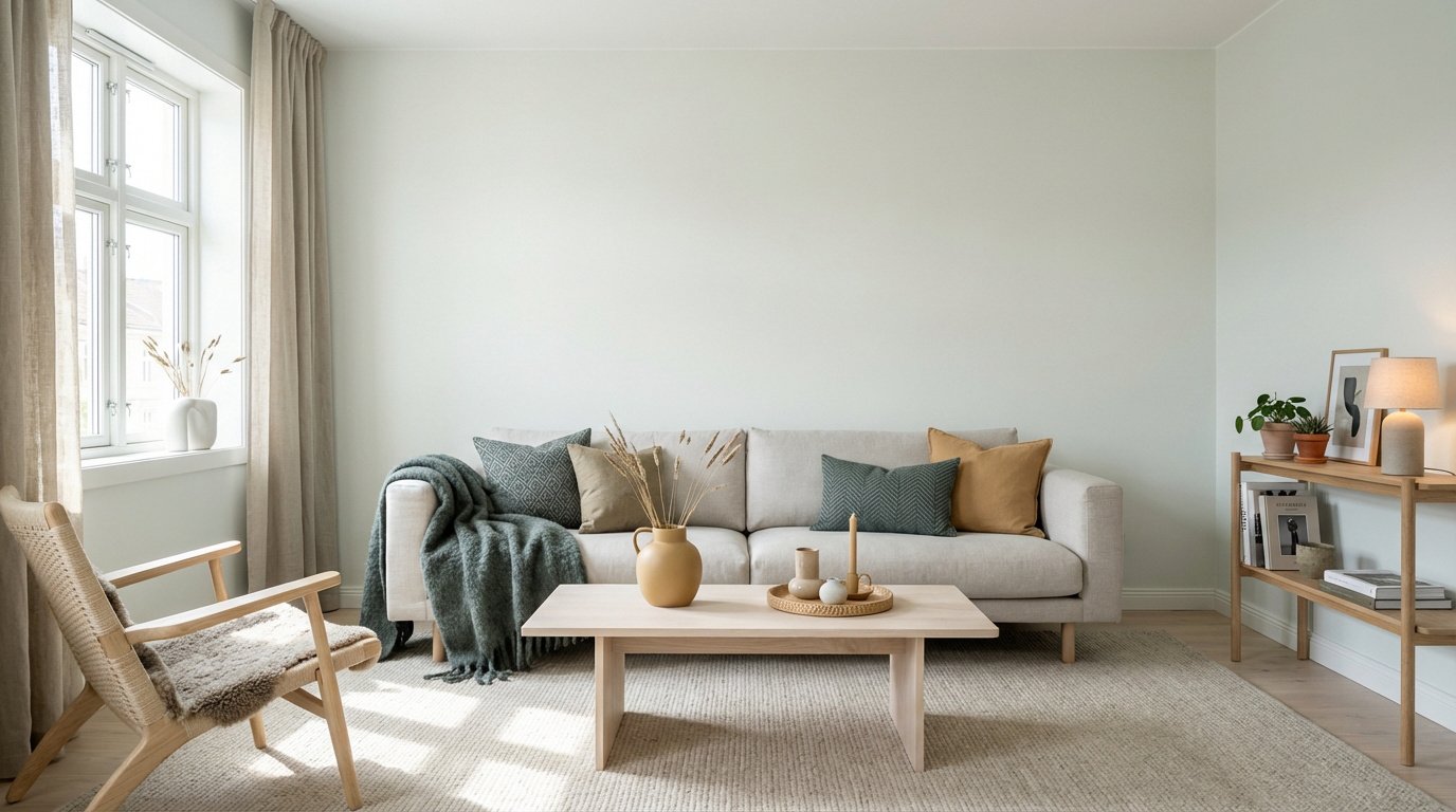 Salon scandinave lumineux avec canapé clair, fauteuil en bois, table basse, fenêtre et étagère. Tons neutres et verts.