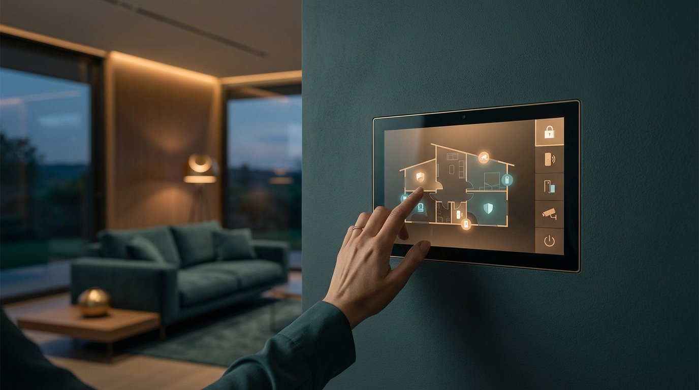 Main touchant tablette murale avec plan de sécurité maison intelligente. Salon moderne aux lumières chaudes en arrière-plan au crépuscule.