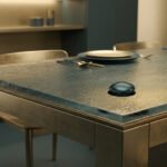 Table à manger moderne avec plateau texturé rappelant une nappe bulgomme, dressée avec vaisselle chic et couverts dorés.