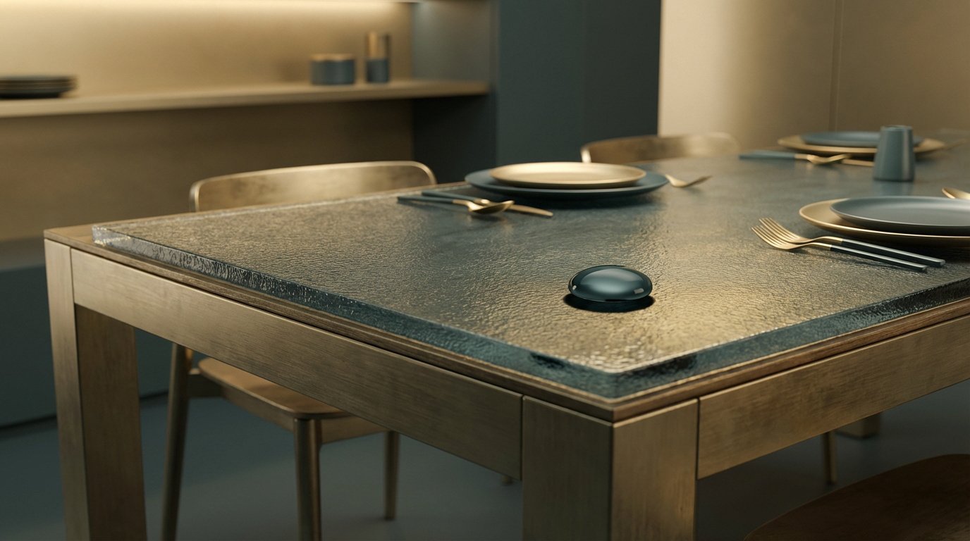 Table à manger moderne avec plateau texturé rappelant une nappe bulgomme, dressée avec vaisselle chic et couverts dorés.