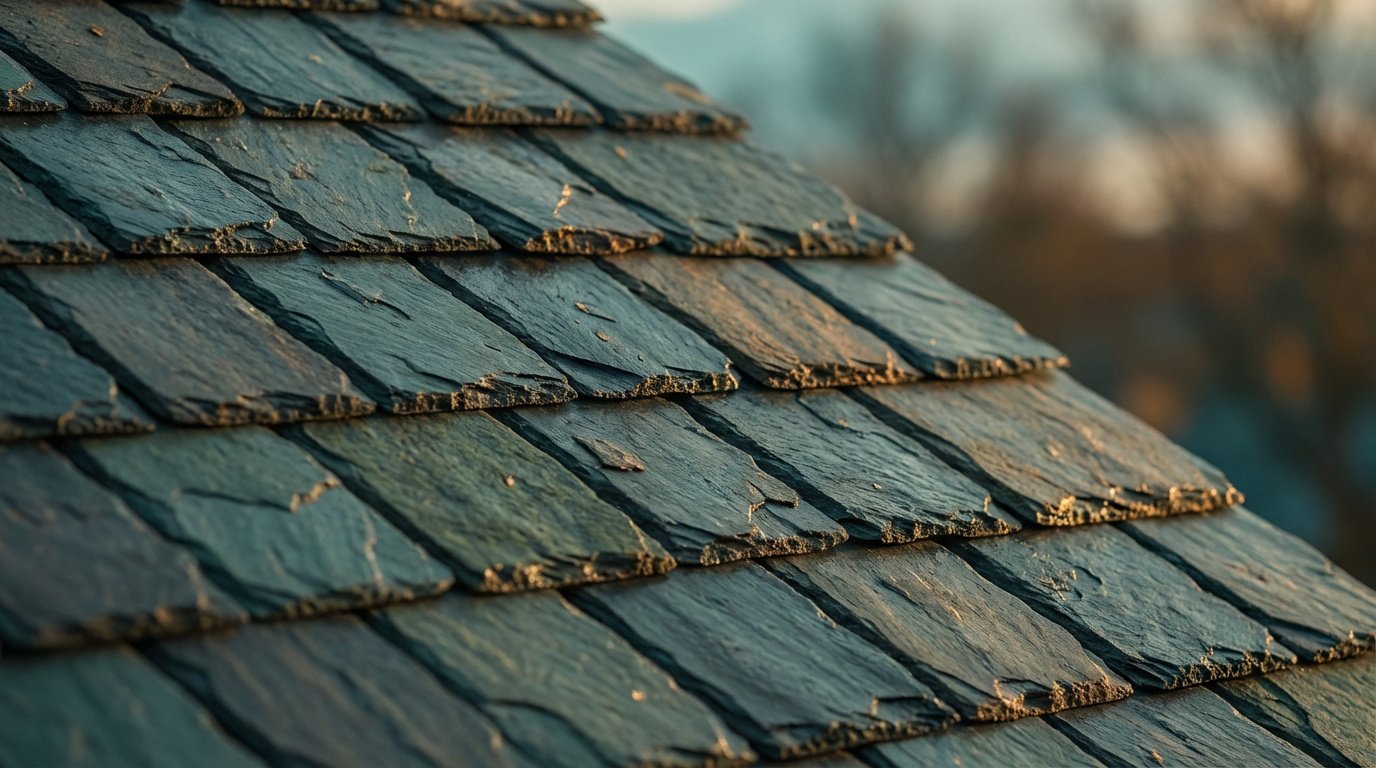 Gros plan sur une toiture en ardoise naturelle, montrant les tuiles grises avec un éclairage chaleureux et texturé.