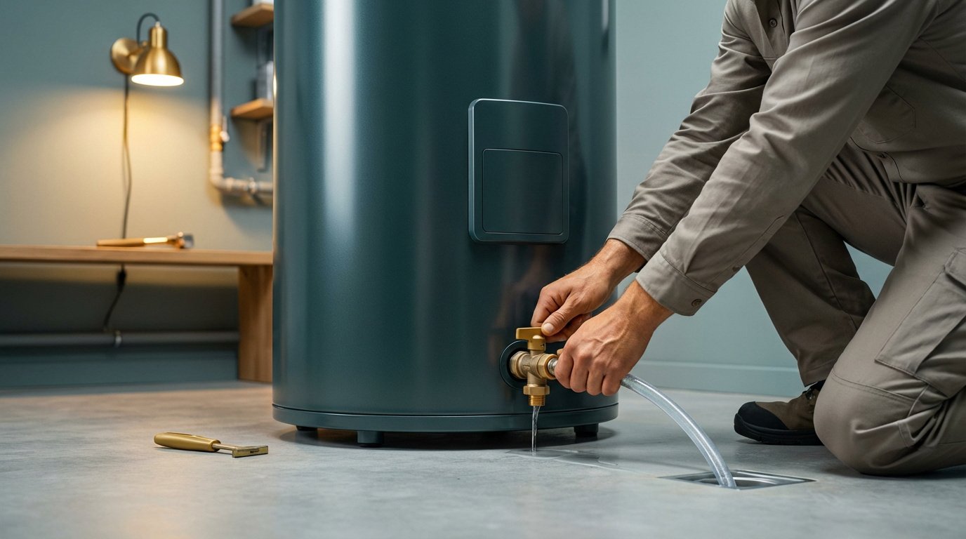 Un homme vidange un chauffe-eau vert en raccordant un tuyau à la valve de drainage, l'eau s'écoule vers une bonde de sol.
