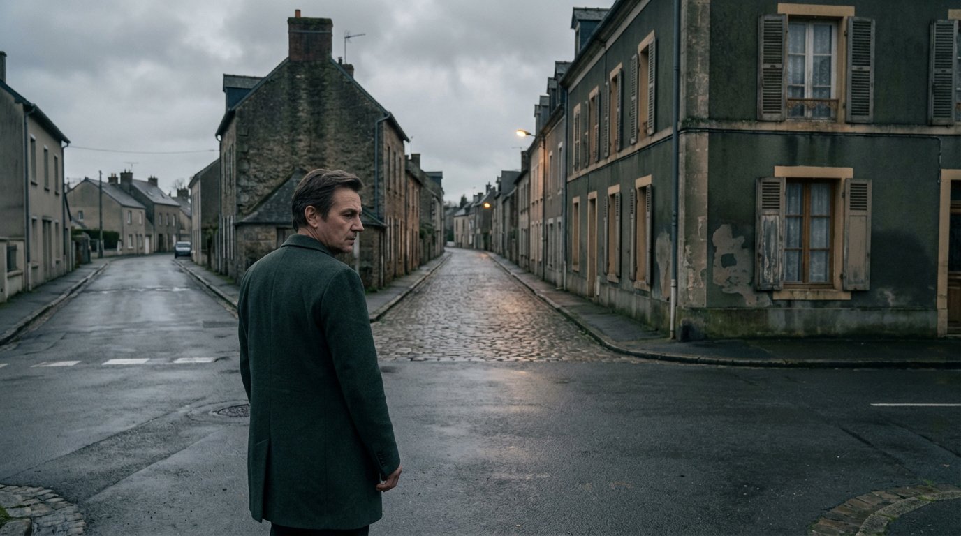 Un homme en manteau vert foncé se tient à un carrefour sous un ciel gris, observant les rues mouillées d'un vieux quartier.