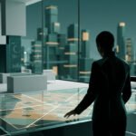 Personne devant une table holographique affichant une carte de ville, avec gratte-ciel futuristes en arrière-plan.