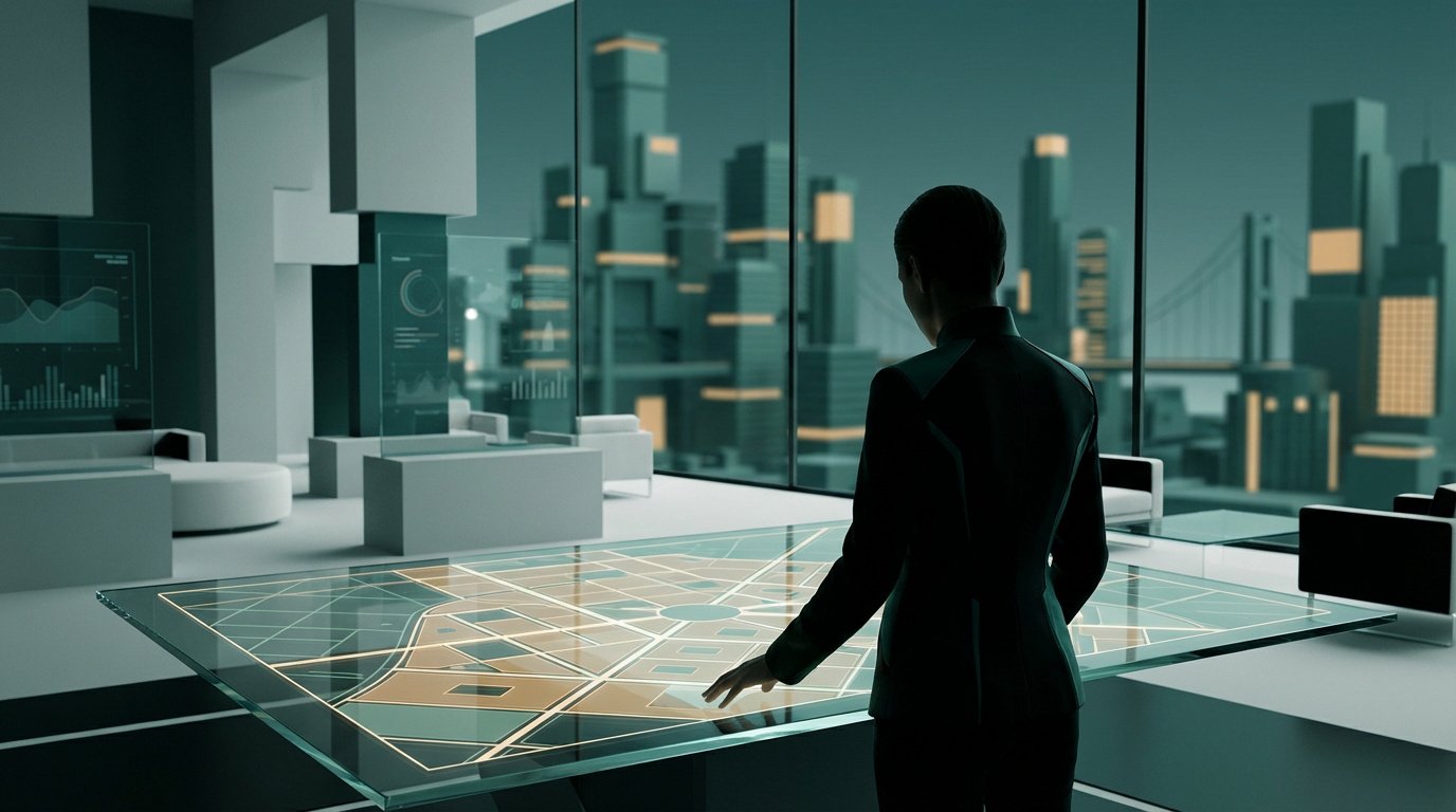 Personne devant une table holographique affichant une carte de ville, avec gratte-ciel futuristes en arrière-plan.