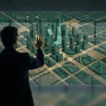 Homme interagit avec une projection holographique 3D d'une ville, visualisant des données d'urbanisme et un PLU.