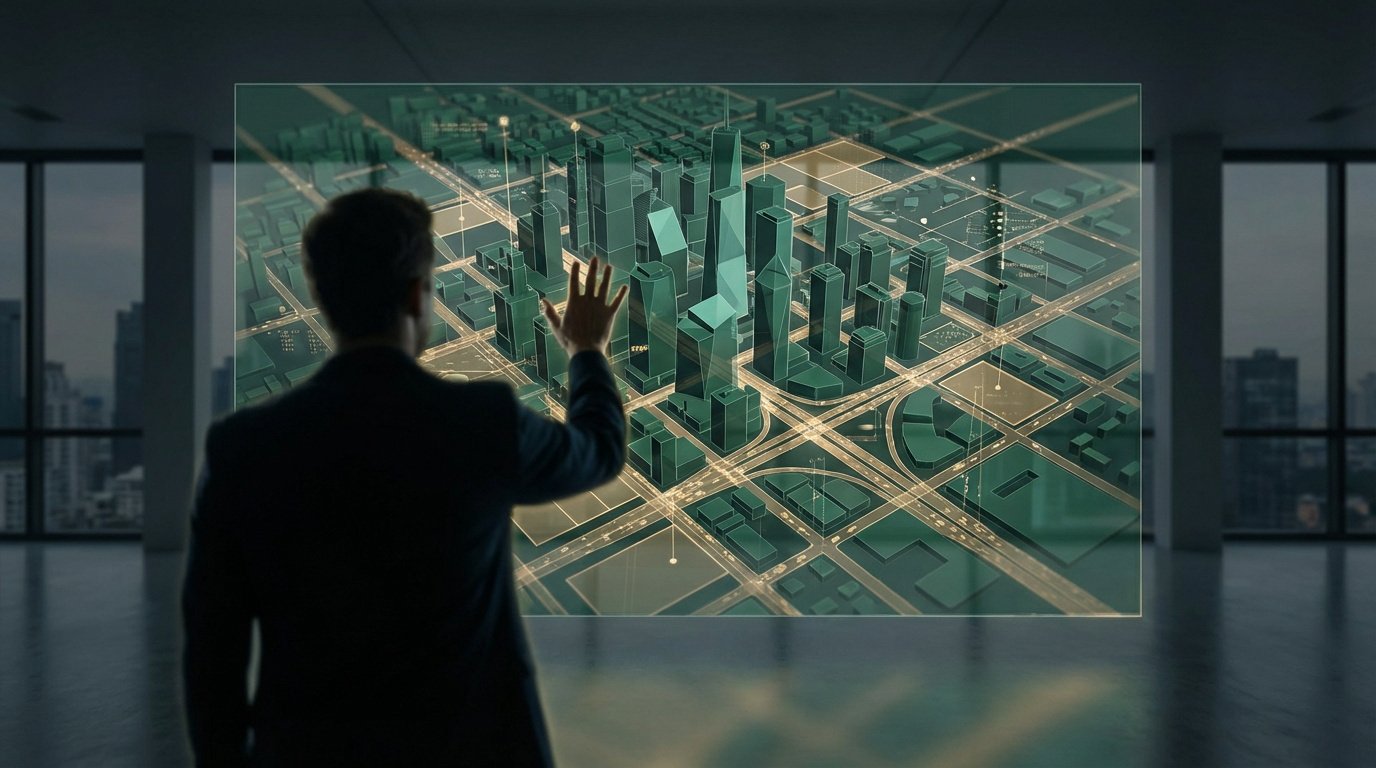 Homme interagit avec une projection holographique 3D d'une ville, visualisant des données d'urbanisme et un PLU.