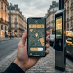 Vue d'une main tenant un smartphone affichant une app de stationnement devant une borne de paiement moderne et des immeubles parisiens.
