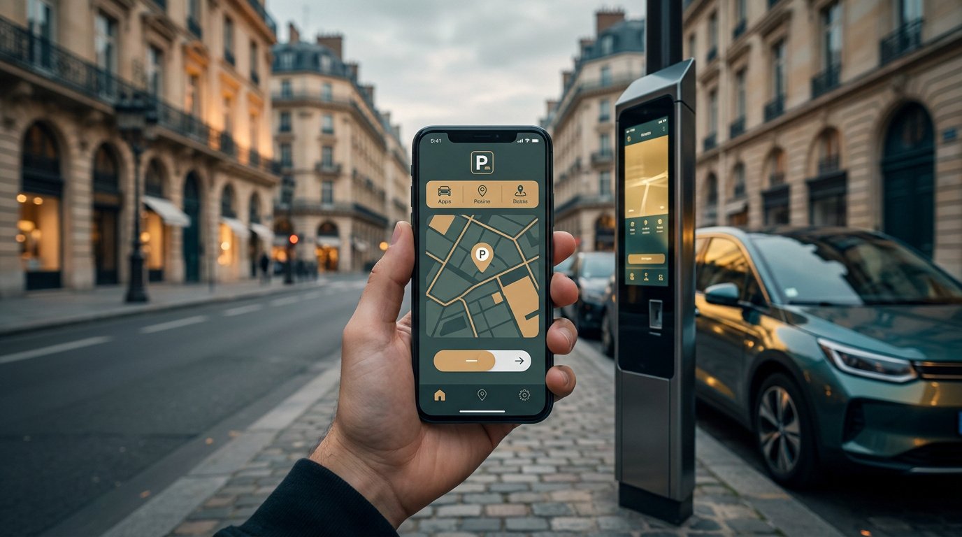 Vue d'une main tenant un smartphone affichant une app de stationnement devant une borne de paiement moderne et des immeubles parisiens.